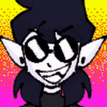 a cartoon character wearing sunglasses and a hat is smiling on a pink and yellow background .