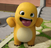 a yellow cartoon character sticking its tongue out and smiling
