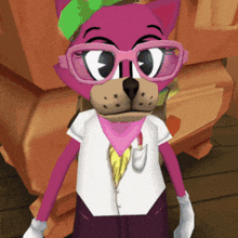 a pink cartoon character wearing glasses and a white shirt