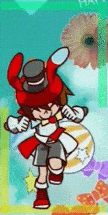 a cartoon character is wearing a red top hat and dancing in a video game .
