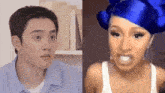 a man in a blue shirt and a woman with blue hair