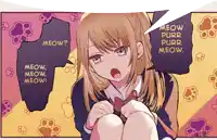 a girl with a speech bubble that says meow on it