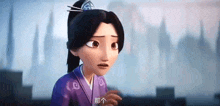 a cartoon girl in a purple dress is looking at the camera and making a funny face .