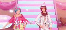 a couple of anime characters standing next to each other with the words astro and willow written above them .