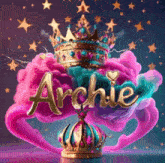 a poster for archie with a crown on top