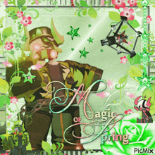 a picture of a man in a gas mask surrounded by flowers and the words magic of spring