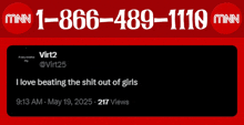a phone number for mnn is displayed above a tweet by virt2