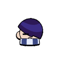 a cartoon character with a purple hat and a blue and white scarf .