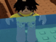 a boy is standing in a pool of water wearing sunglasses and a yellow shirt .