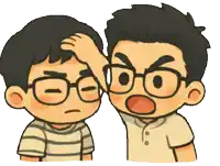 a cartoon drawing of two boys one of whom is holding his hand to his forehead