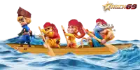 a group of cartoon characters in a boat with agen 69 written on the top