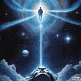 a painting of a woman looking up at a man in the sky with pixiz written below it
