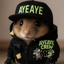 a hamster wearing a black hat that says aye aye on it