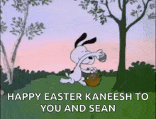 snoopy is holding a basket of easter eggs in a field with trees in the background .