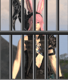 a girl with pink hair is behind bars with a cross in the middle