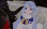 a 3d anime girl with blue hair is standing next to a bull .