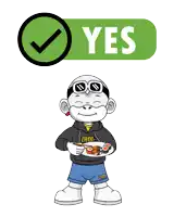 a cartoon monkey eating sushi next to a yes button