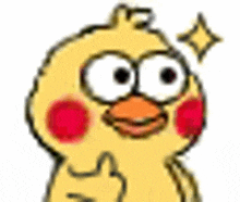 a cartoon chicken with big eyes and red cheeks is giving a thumbs up sign .