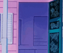 a cartoon drawing of a pink house with a blue door