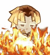 a cartoon character is surrounded by flames and looks tired