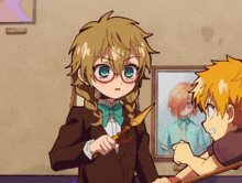 a girl with glasses is holding a pair of scissors in her hand