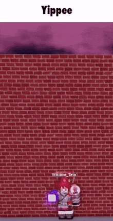 a person is standing in front of a red brick wall holding a cube .