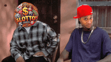 a man with a balloon on his head that says slotto on it
