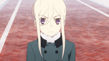 a girl with long blonde hair and purple eyes