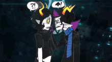 a cartoon drawing of a man holding another man with a question mark above his head