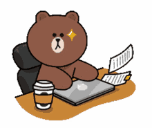 brown bear and cony coffee typing busy at work