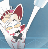 a cartoon character with a hat and bow tie is holding an apple on his head