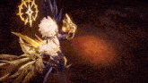 a cartoon character is flying through the air in a video game with a star in the background .