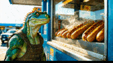 a lizard stands in front of a hot dog stand that says quest