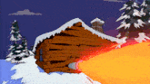 a cartoon drawing of a log cabin with snow on the roof