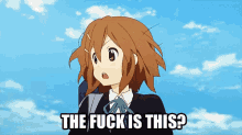 a picture of a girl with the words " the fuck is this "
