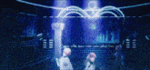a couple of anime characters standing in front of a stage with a heart shaped light behind them