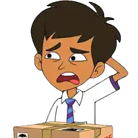 a cartoon of a boy holding a cardboard box with the letter o on it