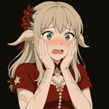a blonde anime girl with a flower in her hair is covering her face with her hands