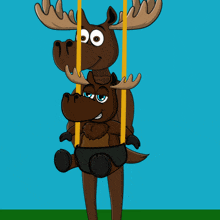 a cartoon moose is holding a stuffed animal on a swing