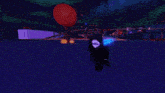 a person in a video game is standing in front of a purple and blue light .