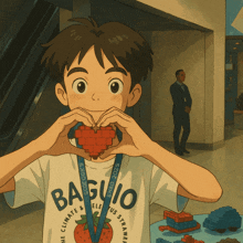 a boy wearing a shirt that says baguio making a heart shape with his hands