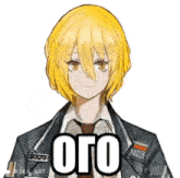 a girl with yellow hair is wearing a jacket and tie and has the word oto on her chest