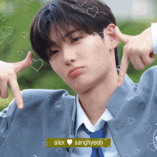 a close up of a person 's face with the name alex sanghyeon on the bottom