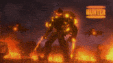 a hunter robot is surrounded by flames and flying jets