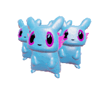 a bunch of blue and pink stuffed animals on a white surface