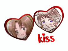a couple of hearts with the word kiss in red letters