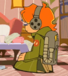 a cartoon character wearing headphones and a backpack is kneeling down in a room .