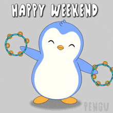 a penguin is holding two tambourines and the words happy weekend are above it
