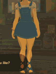 a woman in overalls stands in front of a sign that says you like