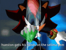 shadow the hedgehog is holding a green emerald in his hands